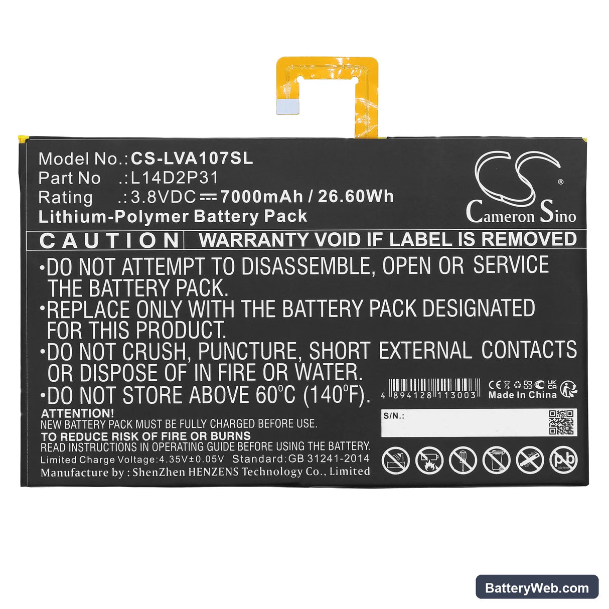 Lenovo Tab 2 A10-70 Replacement Battery, 3.8V, 7000mAh, Li-Polymer 3
