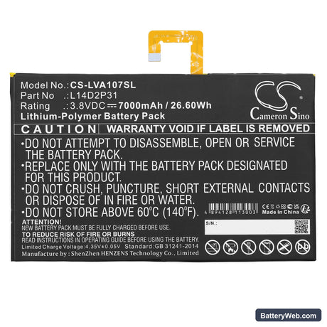Lenovo Tab 2 A10-70 Replacement Battery, 3.8V, 7000mAh, Li-Polymer 3