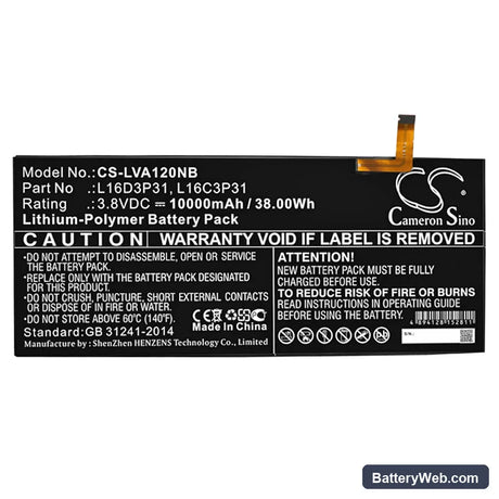 Lenovo Yoga A12 Replacement Battery, 3.8V, 10000mAh, Li-Polymer 3