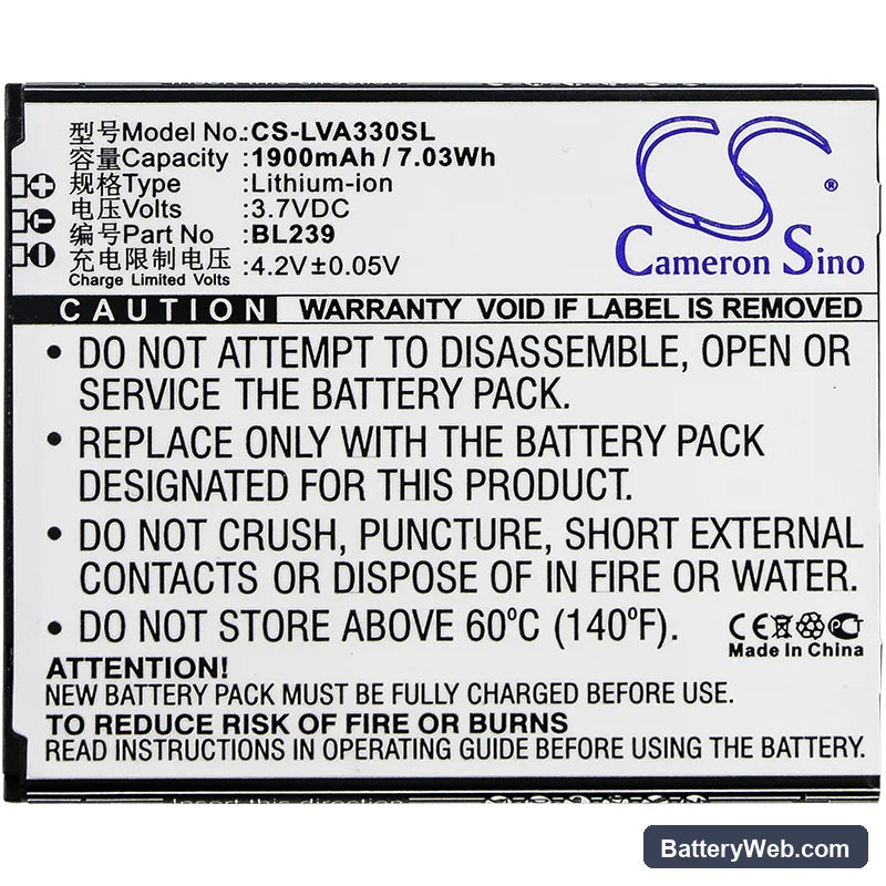 Lenovo A330E Replacement Battery, 3.7V, 1900mAh, Li-ion 3