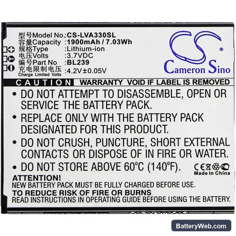 Lenovo A330E Replacement Battery, 3.7V, 1900mAh, Li-ion 3