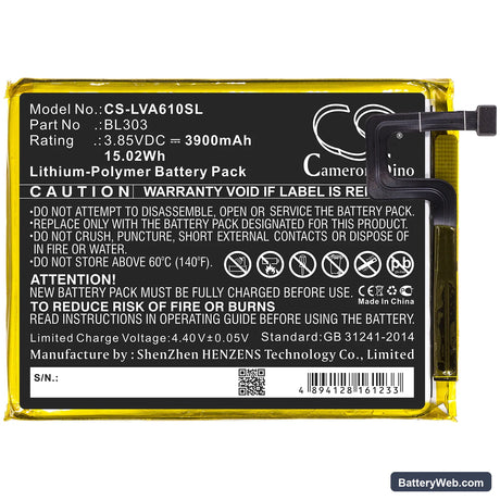 Lenovo A6 Note Replacement Battery, 3.85V, 3900mAh, Li-Polymer 3