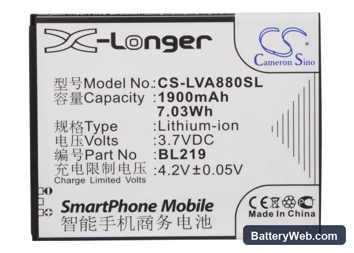 Lenovo A880 Replacement Battery, 3.7V, 1900mAh, Li-ion 5