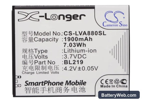 Lenovo A880 Replacement Battery, 3.7V, 1900mAh, Li-ion 5