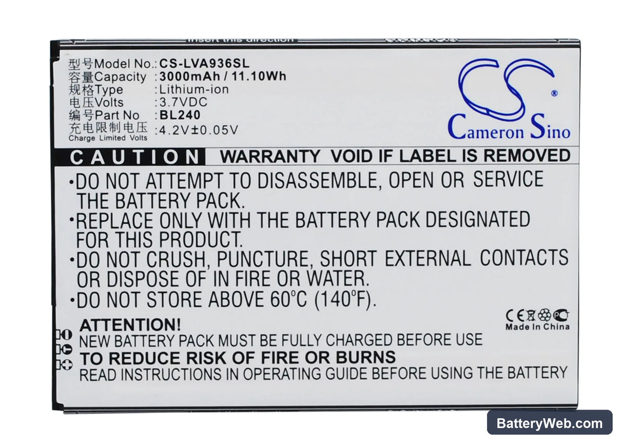 Lenovo A936 Replacement Battery, 3.7V, 3000mAh, Li-Polymer 1