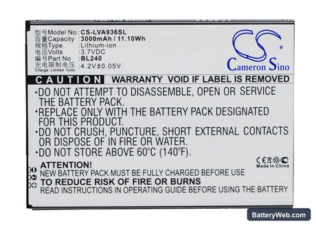 Lenovo A936 Replacement Battery, 3.7V, 3000mAh, Li-Polymer 1