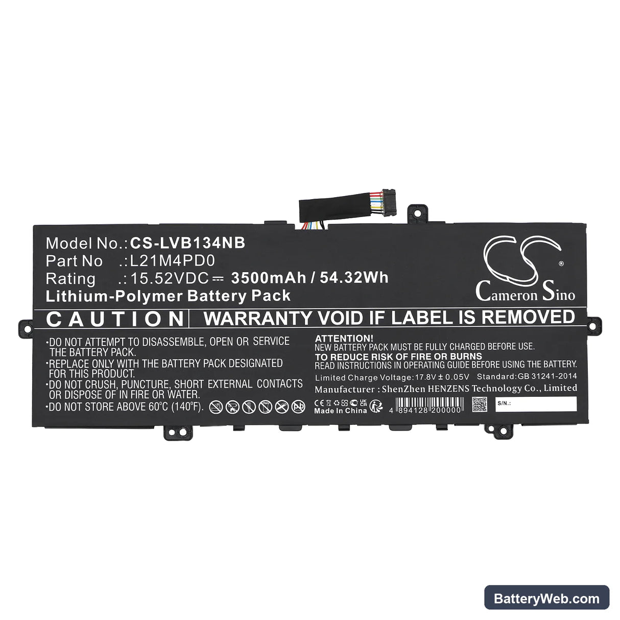 Lenovo ThinkBook 13s G4 IAP-21AR001BGE Replacement Battery, 15.52V, 3500mAh, Li-Polymer 3