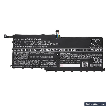 Lenovo ThinkPad X1 Carbon 2016 Replacement Battery, 15.2V, 3300mAh, Li-Polymer 3