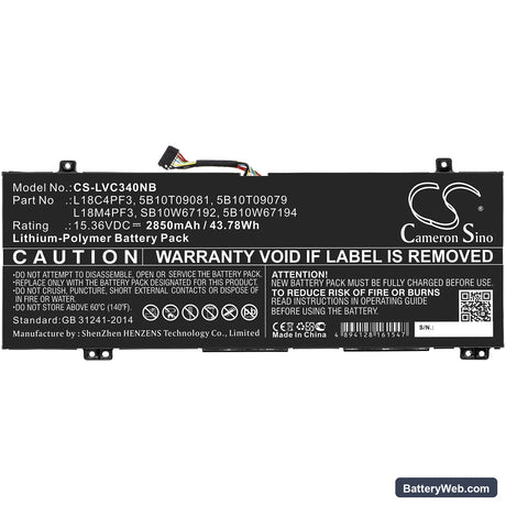 Lenovo IdeaPad C340-14IWL Replacement Battery, 15.36V, 2850mAh, Li-Polymer 3