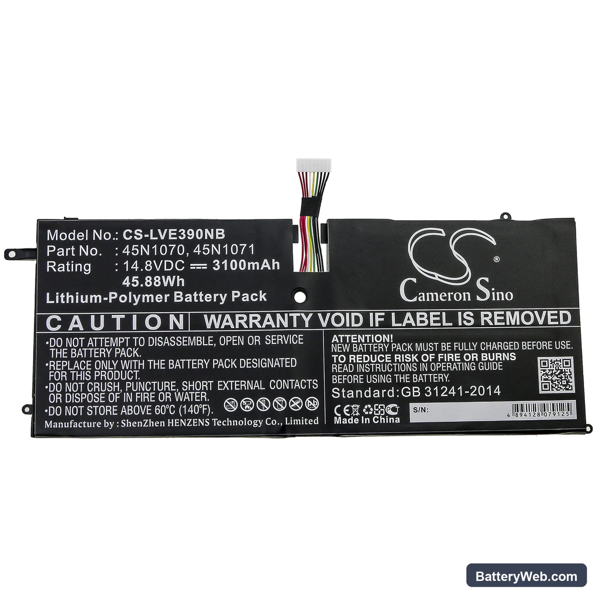 Lenovo ThinkPad X1 Carbon 3460-22U Replacement Battery, 14.8V, 3100mAh, Li-Polymer 3