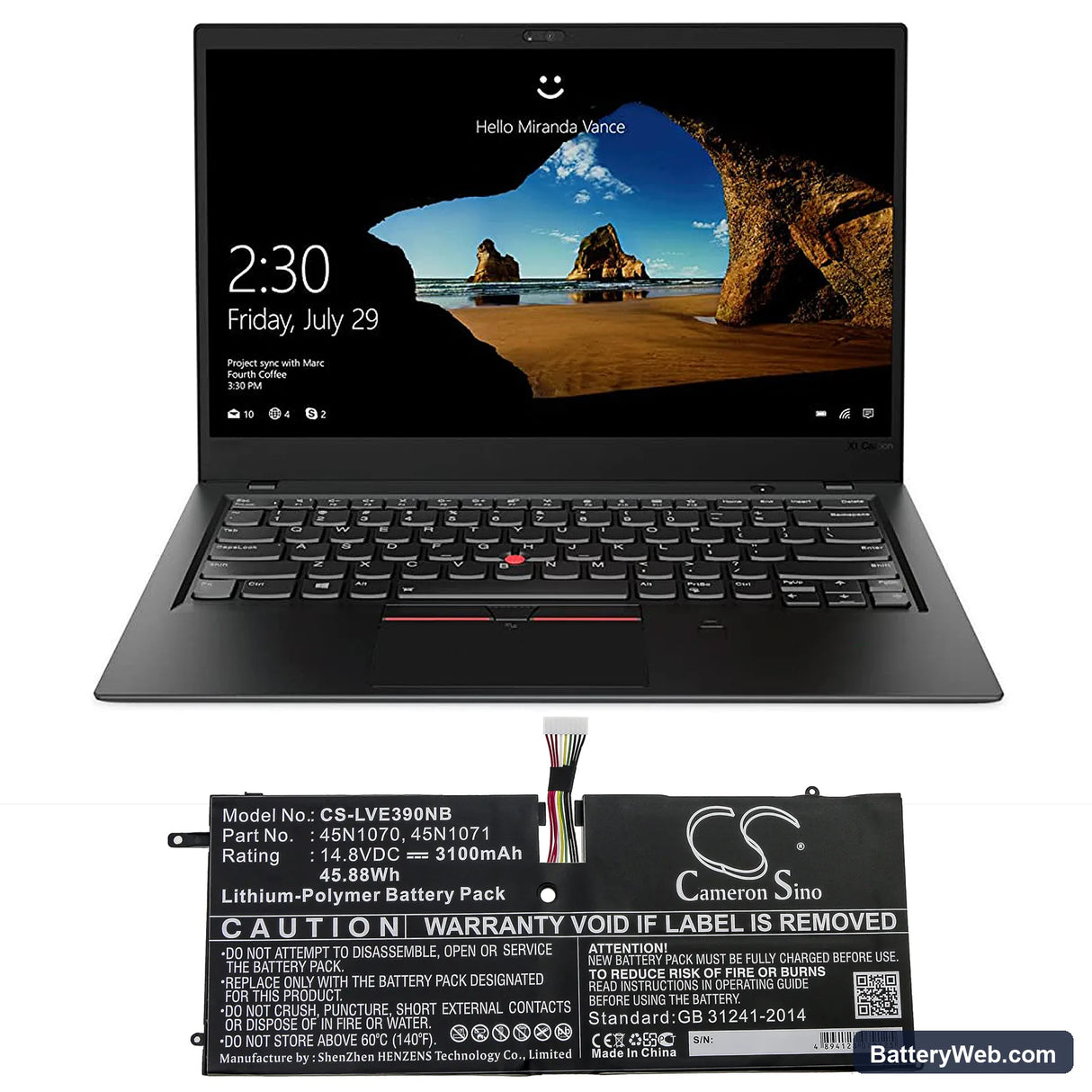 Lenovo ThinkPad X1 Carbon 3460-22U Replacement Battery, 14.8V, 3100mAh, Li-Polymer 5
