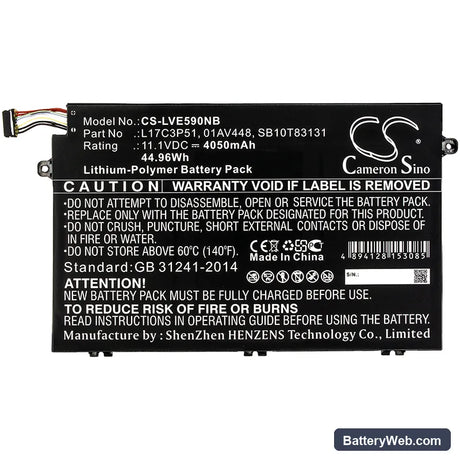 Lenovo ThinkPad E590 Replacement Battery, 11.1V, 4050mAh, Li-Polymer 3