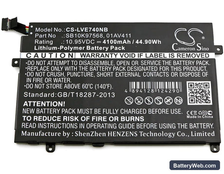 Lenovo Thinkpad E470 Replacement Battery, 10.95V, 4100mAh, Li-Polymer 3
