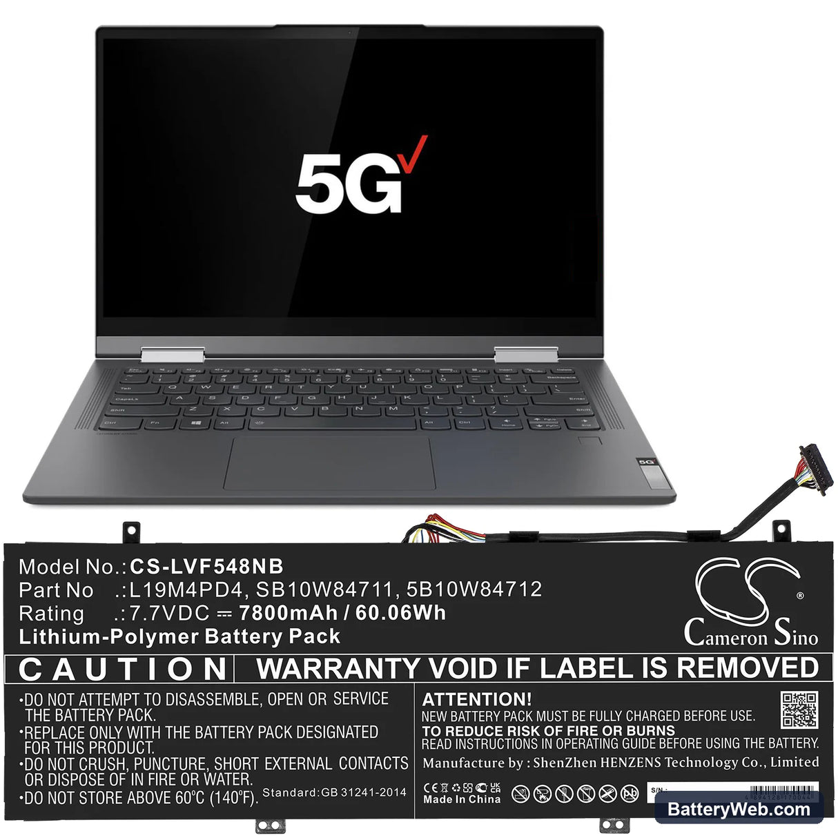 Lenovo Flex 5G Replacement Battery, 7.7V, 7800mAh, Li-Polymer 5