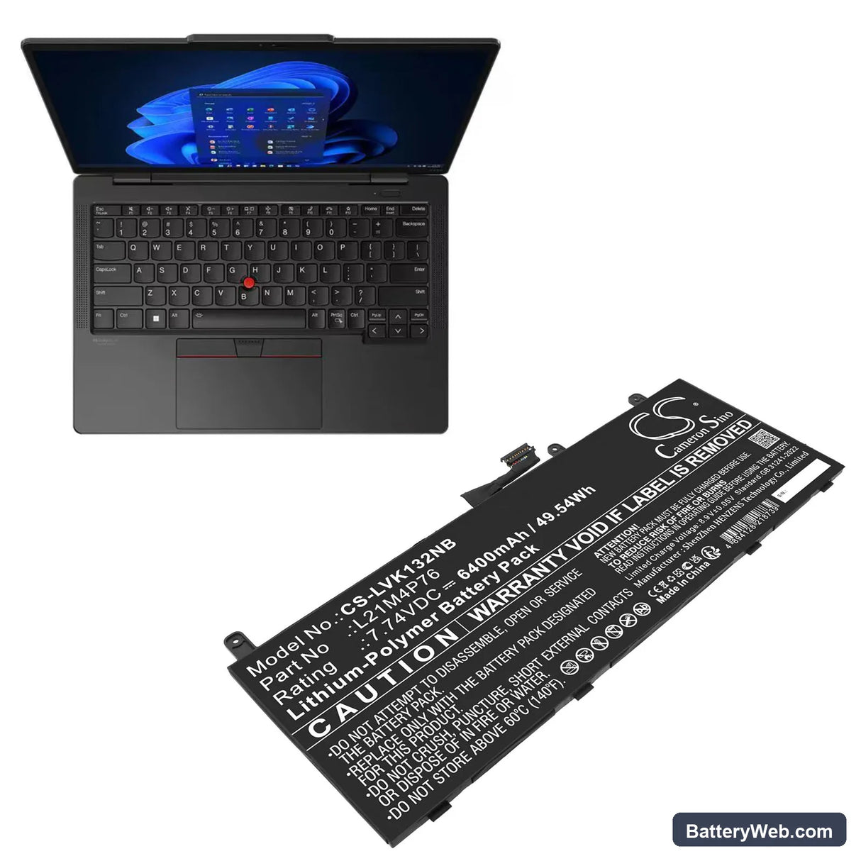Lenovo ThinkPad X13S GEN 1-21BX000EHV Replacement Battery, 7.74V, 6400mAh, Li-Polymer 6