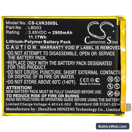 Lenovo K5 Replacement Battery, 3.85V, 2900mAh, Li-Polymer 3