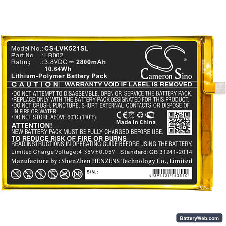 Lenovo S5 Replacement Battery, 3.8V, 2800mAh, Li-Polymer 3