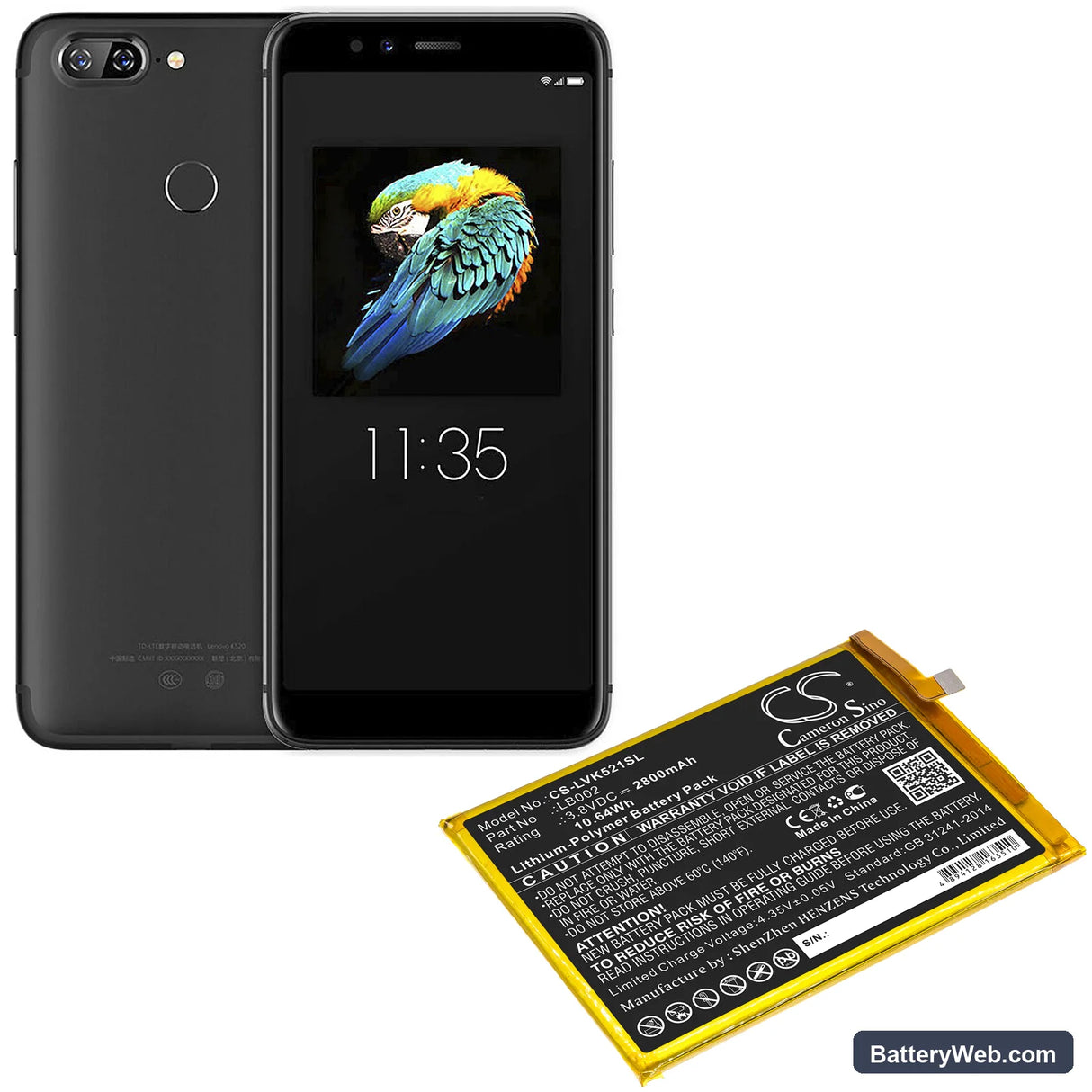 Lenovo S5 Replacement Battery, 3.8V, 2800mAh, Li-Polymer 5