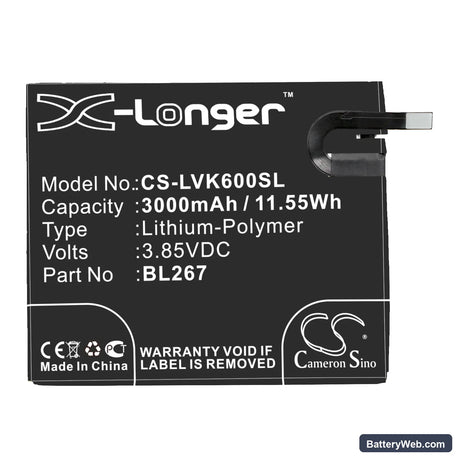 Lenovo Vibe K6 Replacement Battery, 3.85V, 3000mAh, Li-Polymer 3