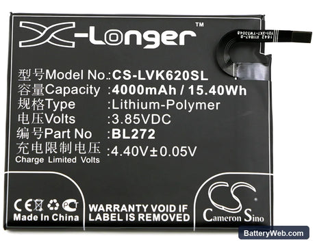 Lenovo Vibe K6 Power Replacement Battery, 3.85V, 4000mAh, Li-Polymer 3