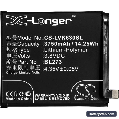 Lenovo K6 Note Replacement Battery, 3.8V, 3750mAh, Li-Polymer 3