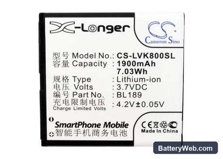 Lenovo K800 Replacement Battery, 3.7V, 1900mAh, Li-ion 5