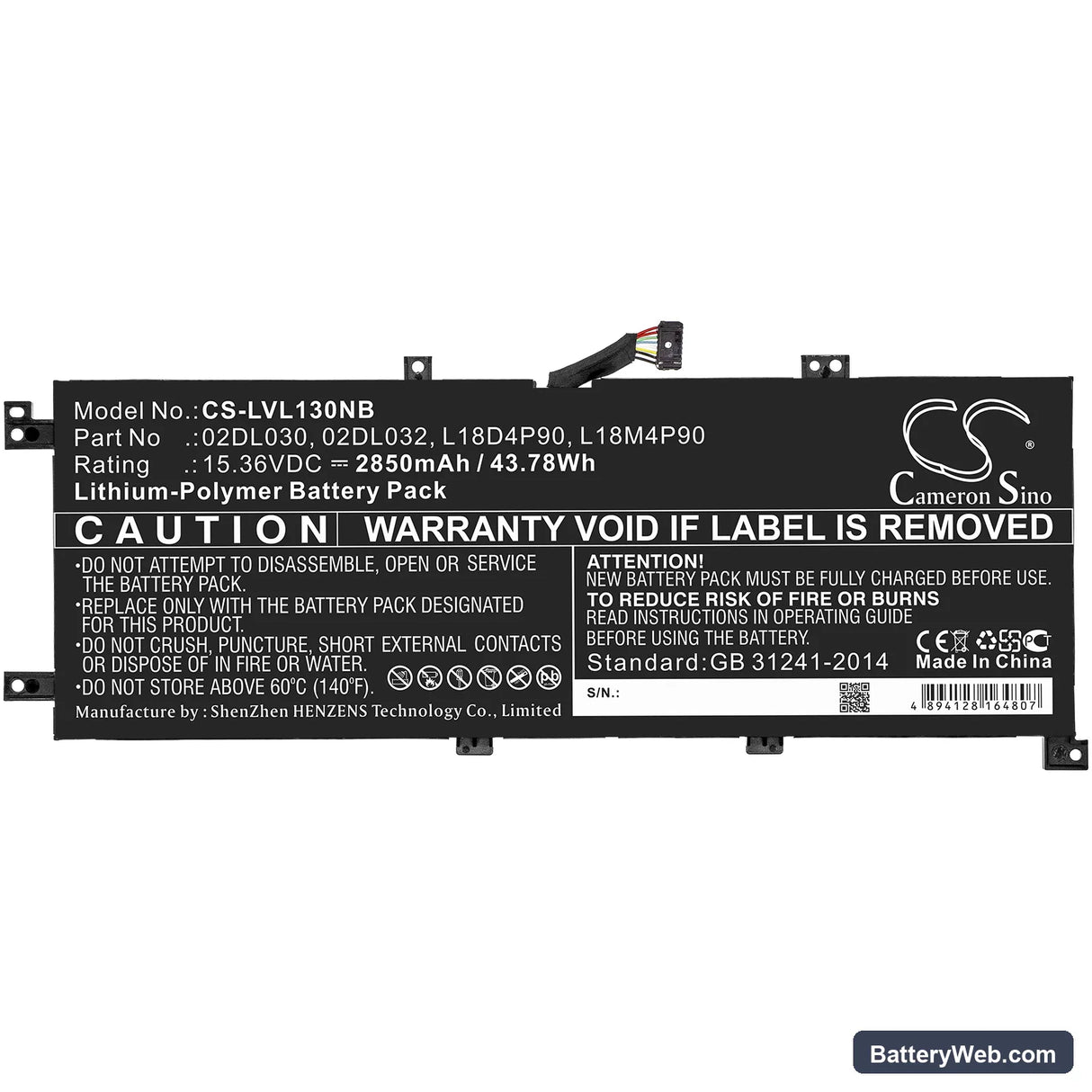 Lenovo ThinkPad L13-20R4S4L200 Replacement Battery, 15.36V, 2850mAh, Li-Polymer 3