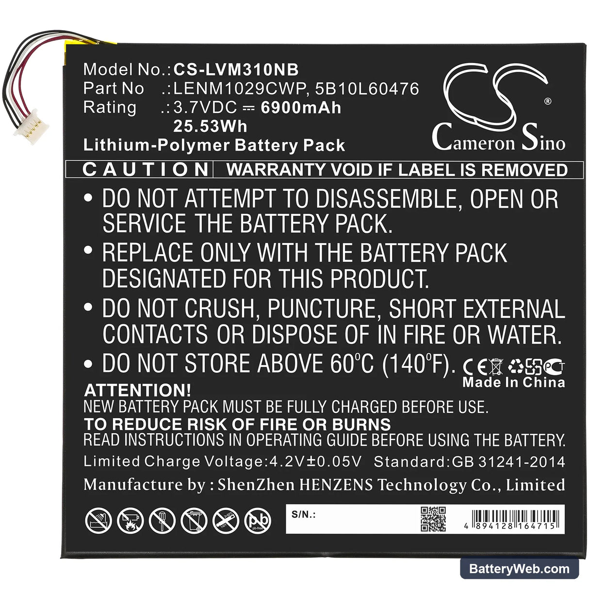 Lenovo Miix 310 Replacement Battery, 3.7V, 6900mAh, Li-Polymer 3