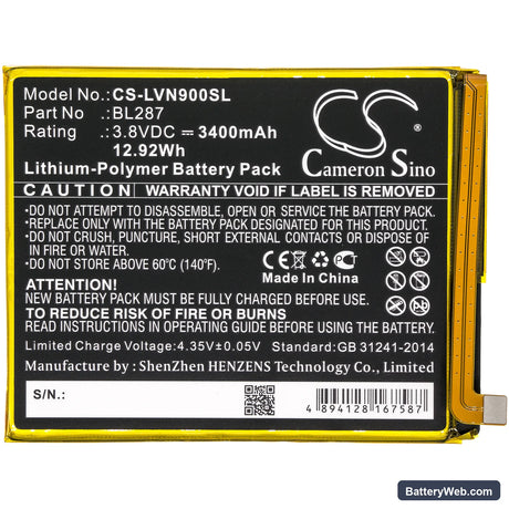 Lenovo K9 Note Replacement Battery, 3.8V, 3400mAh, Li-Polymer 3