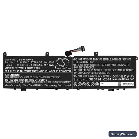 Lenovo ThinkPad P1 (20MD000DGE) Replacement Battery, 15.36V, 5150mAh, Li-Polymer 3