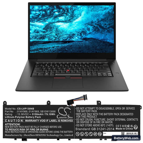 Lenovo ThinkPad P1 (20MD000DGE) Replacement Battery, 15.36V, 5150mAh, Li-Polymer 5