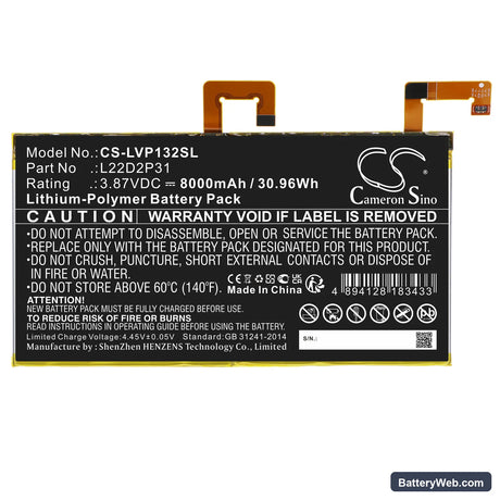 Lenovo Tab P11 Pro Replacement Battery, 3.87V, 8000mAh, Li-Polymer 3