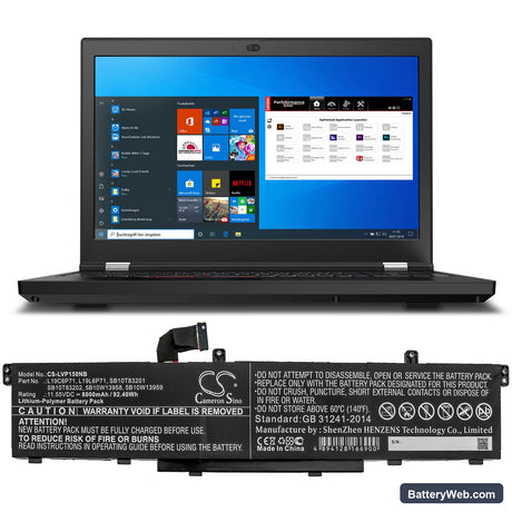 Lenovo ThinkPad P15 Gen 1 20SUS0GA00 Replacement Battery, 11.55V, 8000mAh, Li-Polymer 5