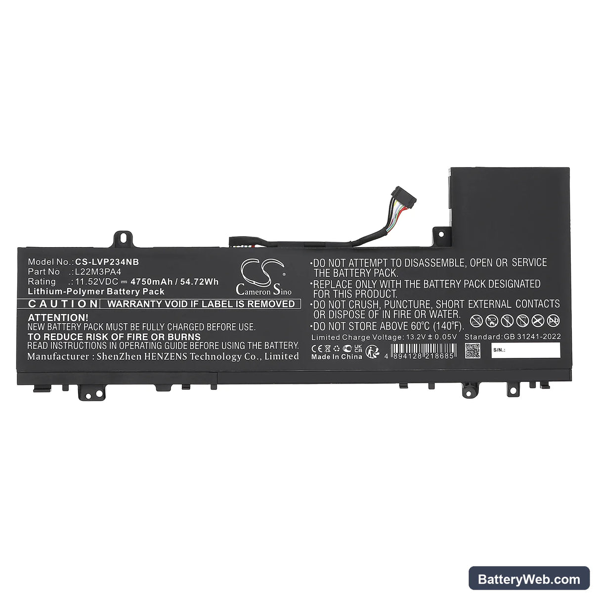 Lenovo IdeaPad Slim 5 14ABR8 82XE0001RK Replacement Battery, 11.52V, 4750mAh, Li-Polymer 3