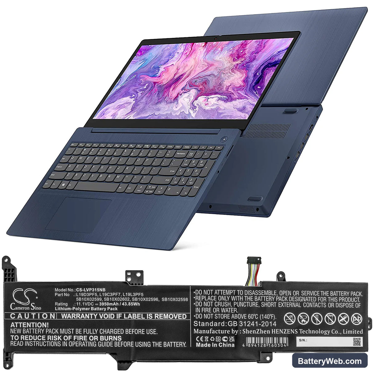 Lenovo Ideapad 3-15 Replacement Battery, 11.1V, 3950mAh, Li-Polymer 5
