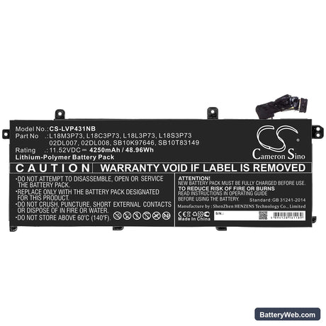 Lenovo ThinkPad T490 Replacement Battery, 11.52V, 4250mAh, Li-Polymer 3