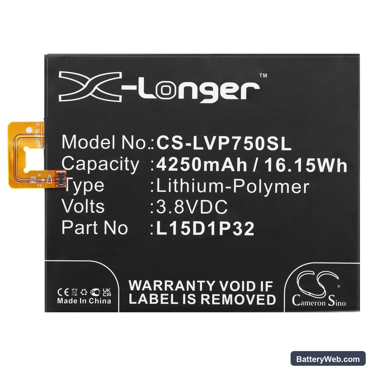 Lenovo PHAB 6.98 Replacement Battery, 3.8V, 4250mAh, Li-Polymer 3