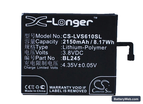 Lenovo S60 Replacement Battery, 3.8V, 2150mAh, Li-Polymer 1