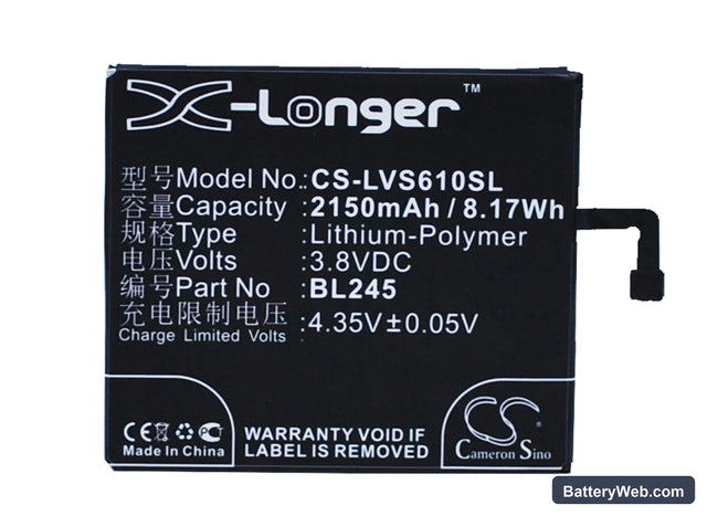 Lenovo S60 Replacement Battery, 3.8V, 2150mAh, Li-Polymer 1