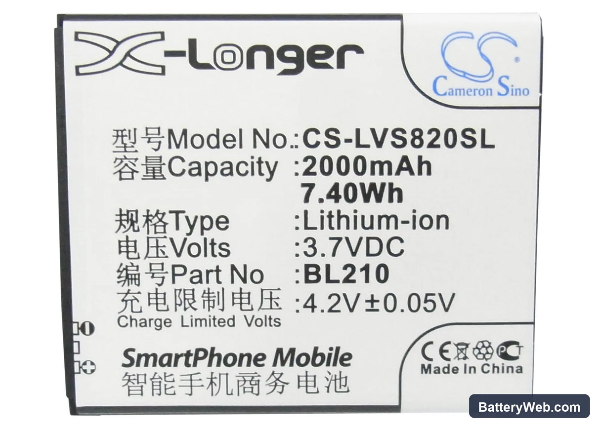Lenovo S820 Replacement Battery, 3.7V, 2000mAh, Li-ion 5