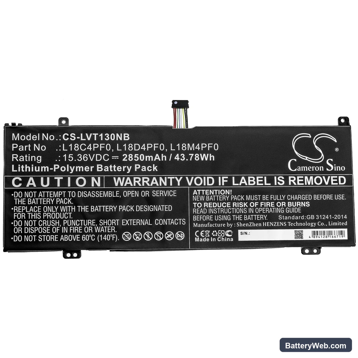 Lenovo Thinkbook Plus-20TG006XAU Replacement Battery, 15.36V, 2850mAh, Li-Polymer 3