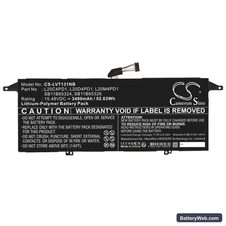 Lenovo ThinkBook 13x ITG 20WJ002LGE Replacement Battery, 15.48V, 3400mAh, Li-Polymer 3