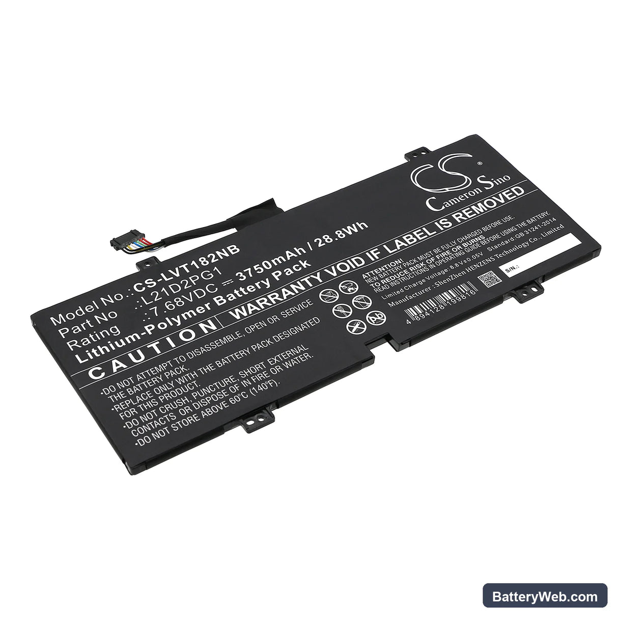 Lenovo 10W-82ST Tablet Replacement Battery, 7.68V, 3750mAh, Li-Polymer 1