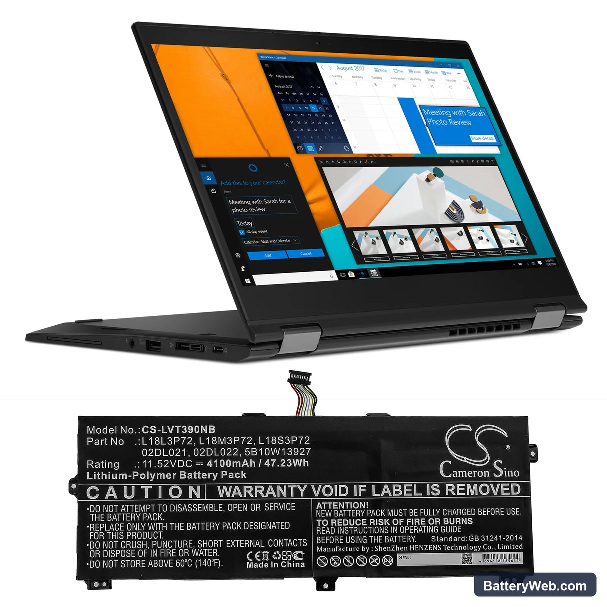 Lenovo X390 Yoga(05CD) Replacement Battery, 11.52V, 4100mAh, Li-Polymer 5