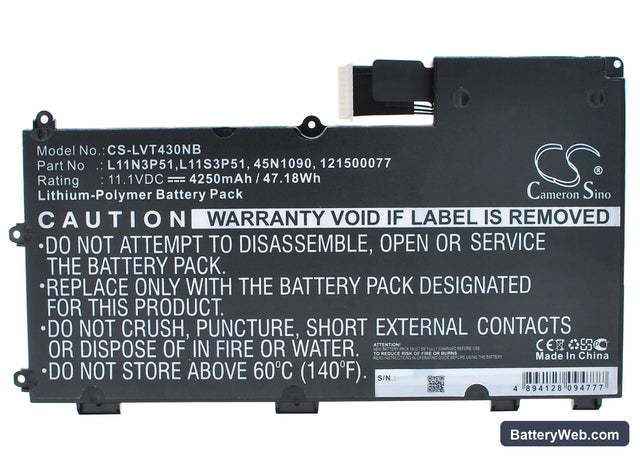 Lenovo Thinkpad T430u Replacement Battery, 11.1V, 4250mAh, Li-Polymer 1