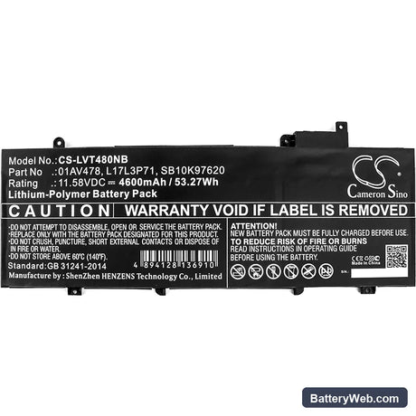 Lenovo ThinkPad T480s Replacement Battery, 11.58V, 4600mAh, Li-Polymer 3