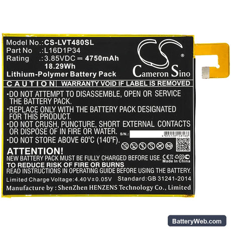 Lenovo Tab4 8 Replacement Battery, 3.85V, 4750mAh, Li-Polymer 3
