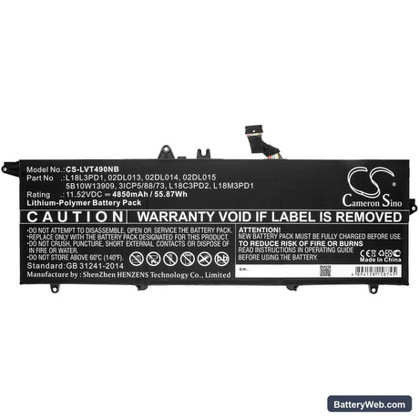 Lenovo ThinkPad T490s(20NX0015CD) Replacement Battery, 11.52V, 4850mAh, Li-Polymer 3