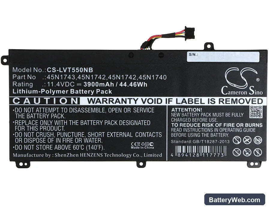 Lenovo ThinkPad T550 Replacement Battery, 11.4V, 3900mAh, Li-Polymer 5