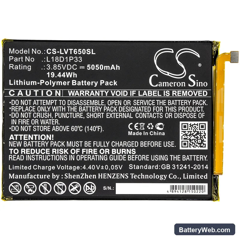 Lenovo Tab V7 Replacement Battery, 3.85V, 5050mAh, Li-Polymer 3